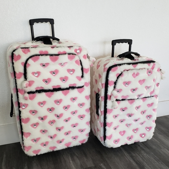 White Pink Faith Knight Faux Fur L Luggage - Picture 4 of 11